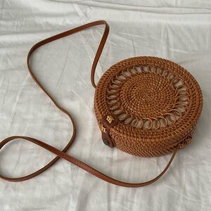 Brown Woven Wicker Rattan Crossbody Bag